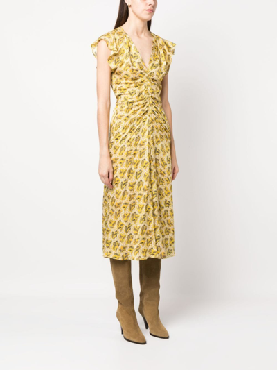 Isabel Marant Lyndsay Ruched Floral Print Midi Dress In Gelb