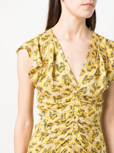 Isabel Marant Lyndsay Ruched Floral Print Midi Dress In Gelb