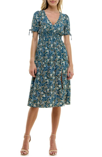 Shop Socialite Puffy Sleeves Floral V-neck Midi Dress In Dusty Navy Floral