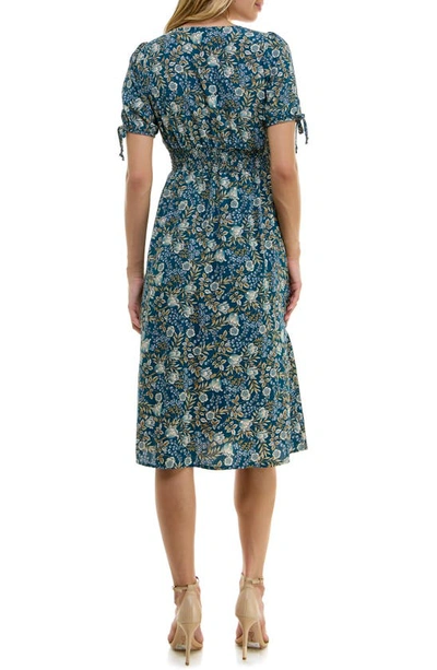 Shop Socialite Puffy Sleeves Floral V-neck Midi Dress In Dusty Navy Floral