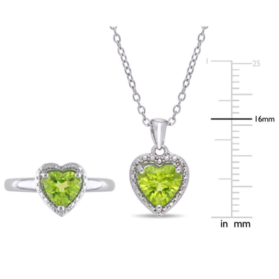 Shop Amour 2 5/8 Ct Tgw Heart-cut Peridot Pendant With Chain And Ring Set In Sterling Silver In White