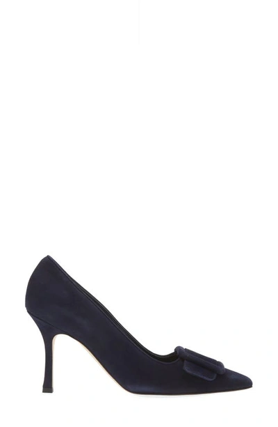 Shop Manolo Blahnik Maysale Buckle Pointed Toe Pump In Navy