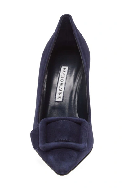 Shop Manolo Blahnik Maysale Buckle Pointed Toe Pump In Navy