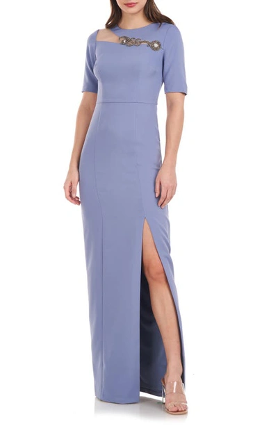 Shop Js Collections Ivy Beaded Column Gown In Blue Slate