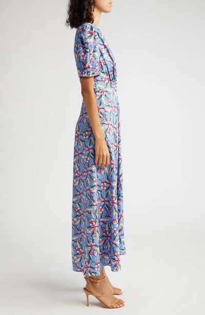 Shop Saloni Lea Print Silk Maxi Dress In Freesia Sky