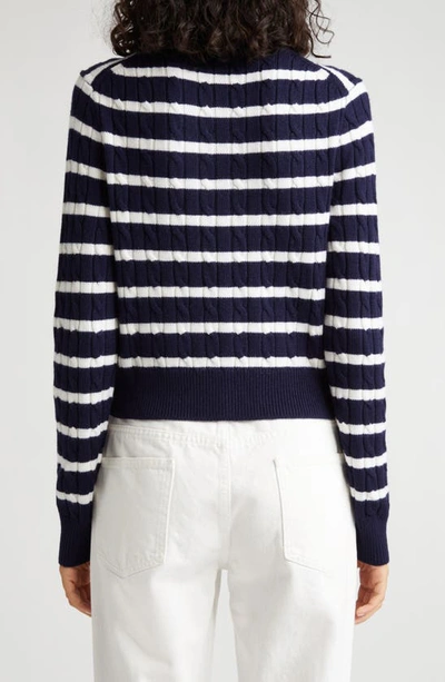 Shop Polo Ralph Lauren Stripe Merino Wool Blend Cardigan In Hunter Navy/ Cream