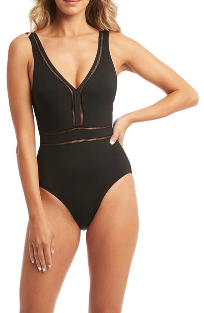 Sea Level Spliced One-piece Swimsuit In Black