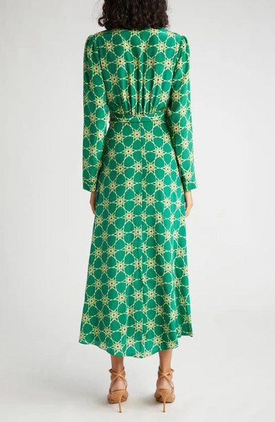 Shop Saloni Print Long Sleeve Belted Silk Dress In 1791-nebula