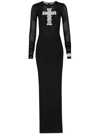 Shop Dolce & Gabbana Cross-embellished Tulle Long Dress In Black