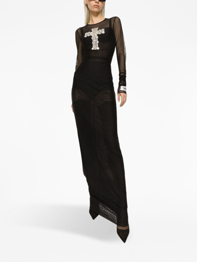 Dolce & Gabbana Long Tulle Dress With Rhinestone Cross Embellishment In Black