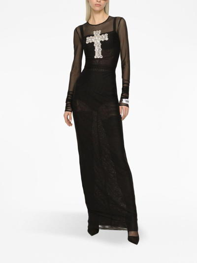 Dolce & Gabbana Long Tulle Dress With Rhinestone Cross Embellishment In Black