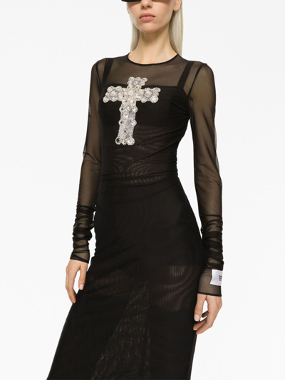 Dolce & Gabbana Long Tulle Dress With Rhinestone Cross Embellishment In Black