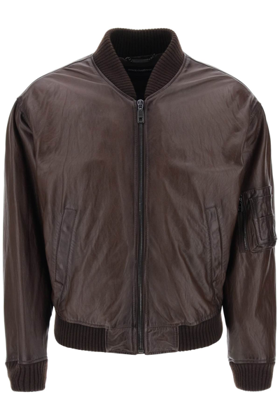 Shop Dolce & Gabbana Nappa Bomber Jacket In Marrone Scuro 4 (brown)