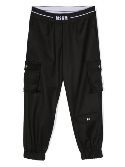 Shop Msgm Black Cargo Trousers With Logo Waistband In Nero