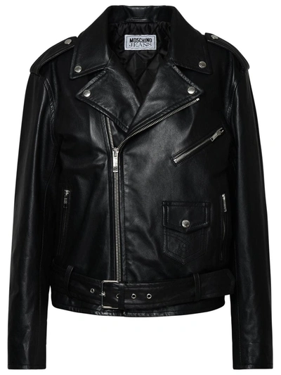Shop Moschino Jeans Black Leather Jacket