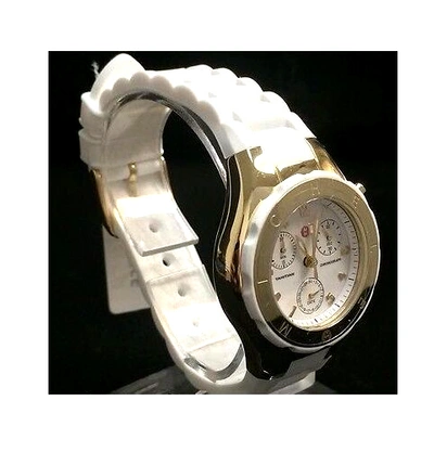 Pre-owned Michele Tahitian Jelly Bean White Silicone,gold Chrono Dial Watch -mww12d000011 In White , Gold