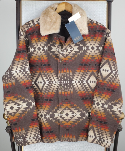 Pre-owned Pendleton Size Large Mens Virgin Wool Coat Shearling Southwest Aztec $559 In Multicolor