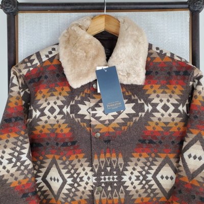 Pre-owned Pendleton Size Large Mens Virgin Wool Coat Shearling Southwest Aztec $559 In Multicolor