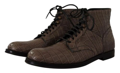 Pre-owned Dolce & Gabbana Dolce&gabbana Men Dark Gray Derby Boots 100% Leather Crocodile Skin Flat Booties