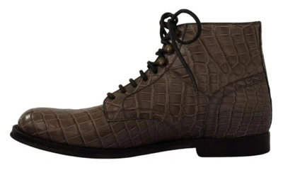 Pre-owned Dolce & Gabbana Dolce&gabbana Men Dark Gray Derby Boots 100% Leather Crocodile Skin Flat Booties