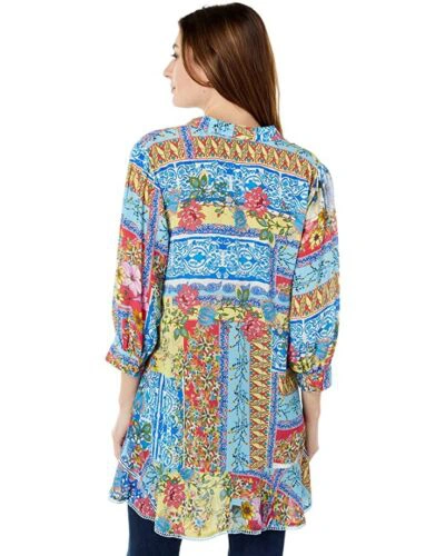 Pre-owned Johnny Was 100% Silk Mid Summer Sednea Floral Multi Color Ruffle Trim Tunic In Multicolor