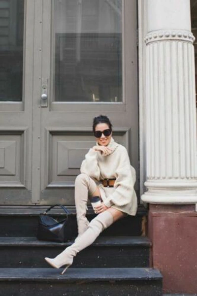 Pre-owned Pour La Victoire Cassie Light Beige Suede Over-the-knee Thigh High Boot