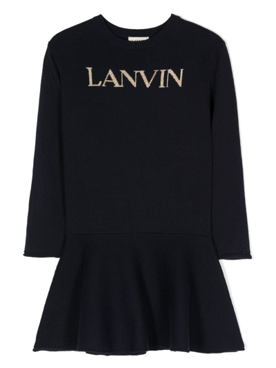 Shop Lanvin Enfant Intarsia-logo Fine-knit Dress In Blue