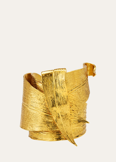 Shop Saint Laurent Golden Leaf Chunky Cuff Bracelet In Oroargent