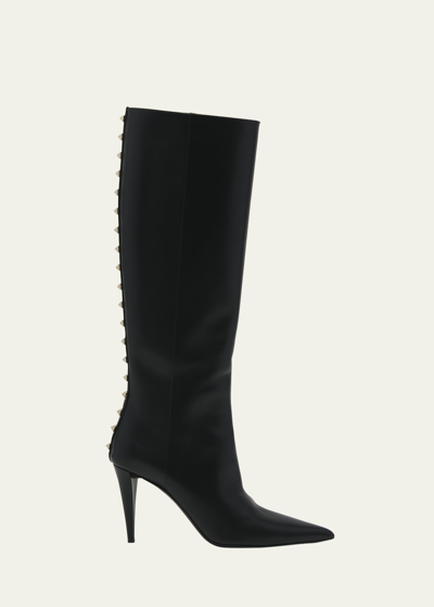 Shop Valentino Rockstud Calfskin Knee Boots In 0no Nero