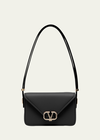 Shop Valentino Small Vlogo Flap Leather Shoulder Bag In 0no Nero