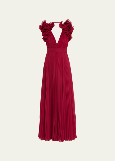 Shop Elie Saab Pleated Georgette Gown With Ruffle Detail In Sangria