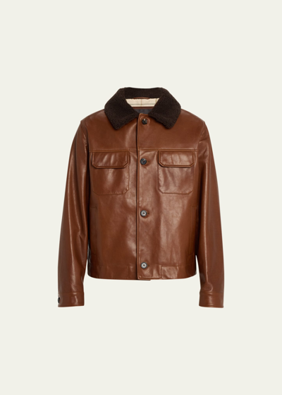 Shop Loro Piana Men's Reefton Shearling-collar Leather Jacket In H0l5 Calf Brown