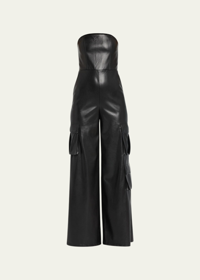 Shop Alice And Olivia Emelda Strapless Vegan Leather Cargo Jumpsuit In Black