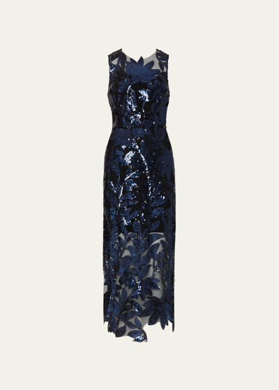 Shop Milly Kinsley Floral Sequin Sleeveless Midi Dress In Navy