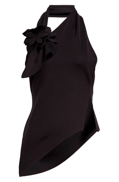 Shop Coperni 3d Floral Detail Asymmetric Halter Top In Black