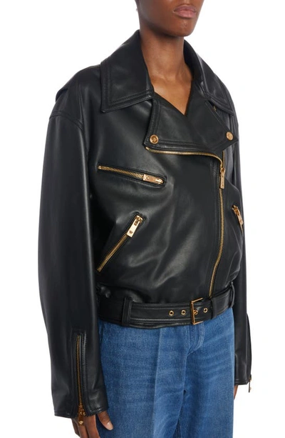 Shop Versace Lambskin Leather Biker Jacket In 1b000 Black