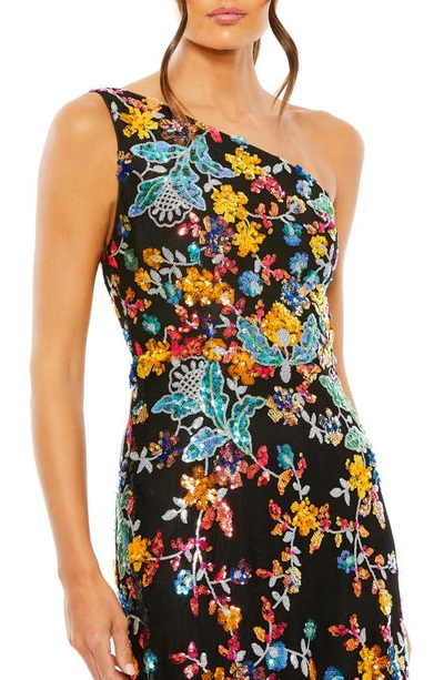 Shop Mac Duggal Floral Sequin One-shoulder Sheath Gown In Black Multi