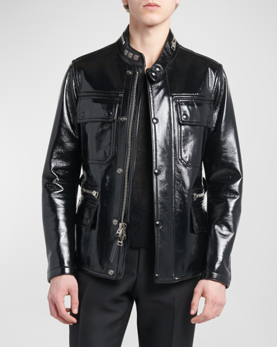 Shop Tom Ford Men's Shiny Crackled Leather Motorcycle Jacket In Black
