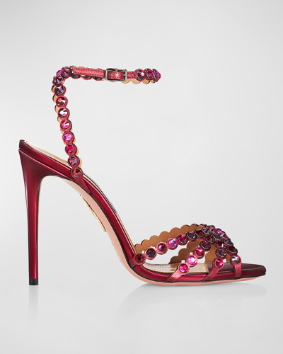 Shop Aquazzura Tequila Crystal Ankle-strap Cocktail Sandals In Ruby