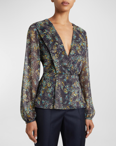 Shop Santorelli Miranda Floral-print Blouson-sleeve Blouse In Indigo