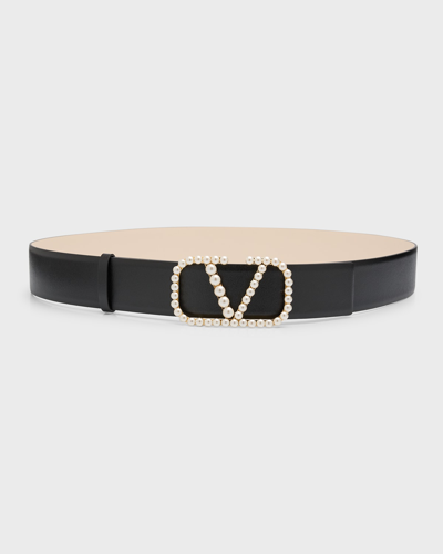 Shop Valentino Pearly V-logo Leather Belt In Nero Light Ivory