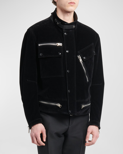 Shop Tom Ford Men's Concealed Zip Suede Moto Jacket In Black