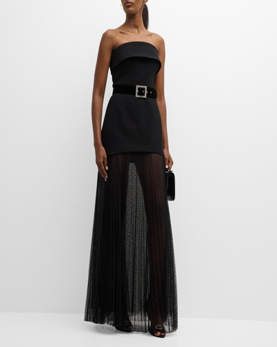 Shop Rebecca Vallance Yvonne Strapless Pleated Belted Gown In Black