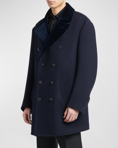 Shop Tom Ford Men's Wool Felt Officer Peacoat In Dark Blue