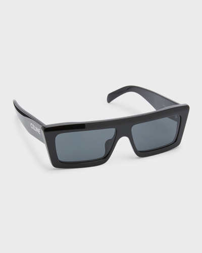 Shop Celine Men's Flat-top Rectangle Sunglasses In Shiny Black Smoke