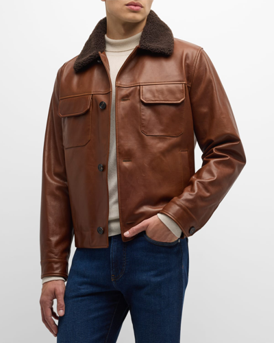 Shop Loro Piana Men's Reefton Shearling-collar Leather Jacket In H0l5 Calf Brown