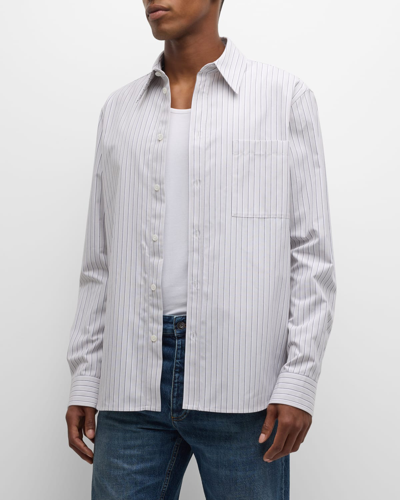 Shop Bottega Veneta Men's Hairline Stripe Cotton Sport Shirt In Buttermilk