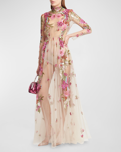 Shop Valentino Embroidered Tulle Illusion Gown With Floral Details In Multi