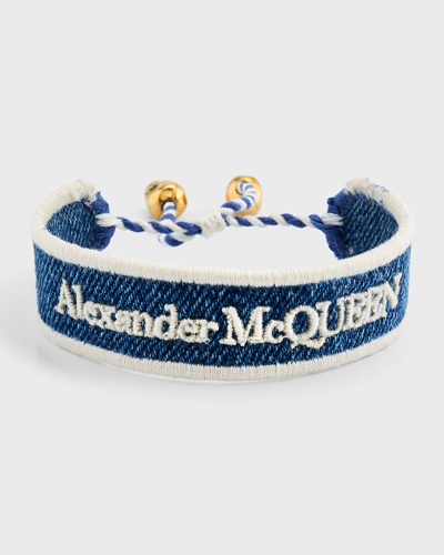 Shop Alexander Mcqueen Woven Logo Bracelet In Denim Blue
