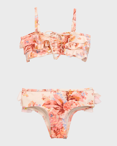 Shop Zimmermann Girl's Devi Frill Two-piece Bikini Set In Cream Floral